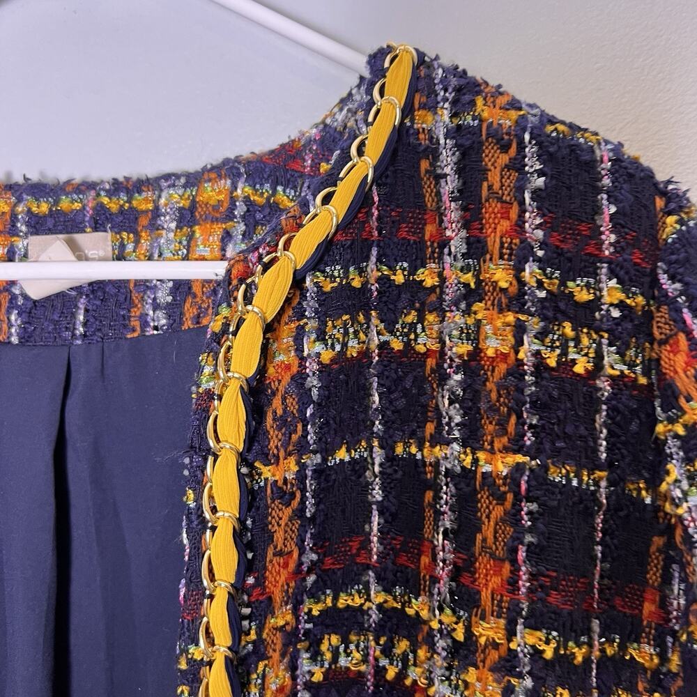 Chico's multicolor plaid tweed open-front jacket yellow braided trim Sz L - Picture 10 of 15